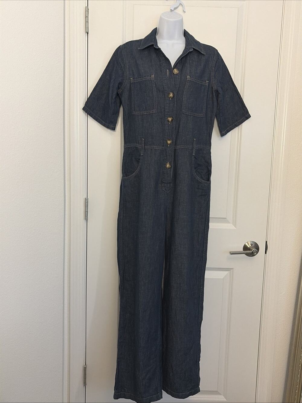 Massimo Dutti women Denim Jumpsuit M Linen Cotton Blend Short Sleeve